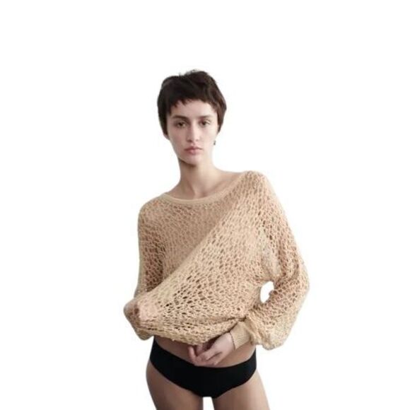 NWT Zara Open Knit Metallic Pompom Sweater Beige Gold Size - Picture 2 of 15